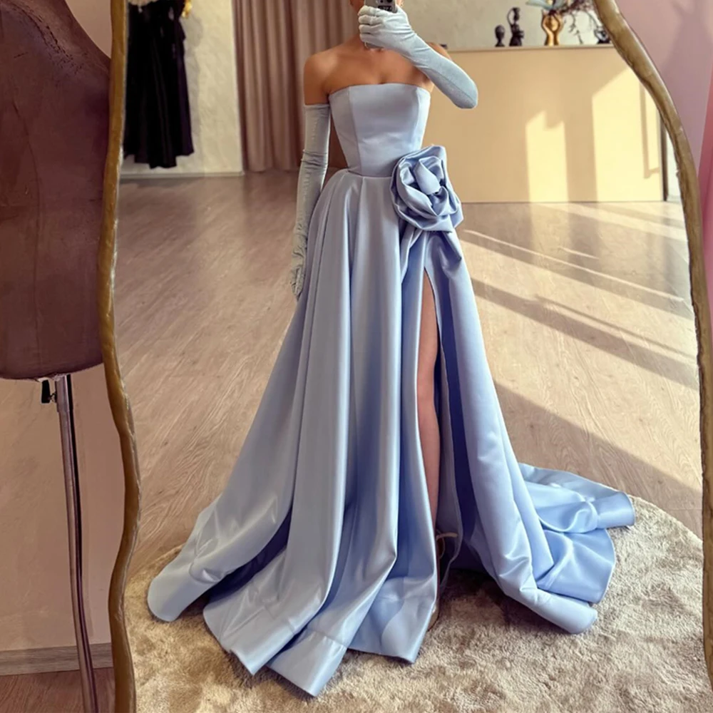 

Customized High Quality Draped Strapless Floor Length Side Slit A-Line Satin Evening Dress Delicate Sweep Train платье вечернее