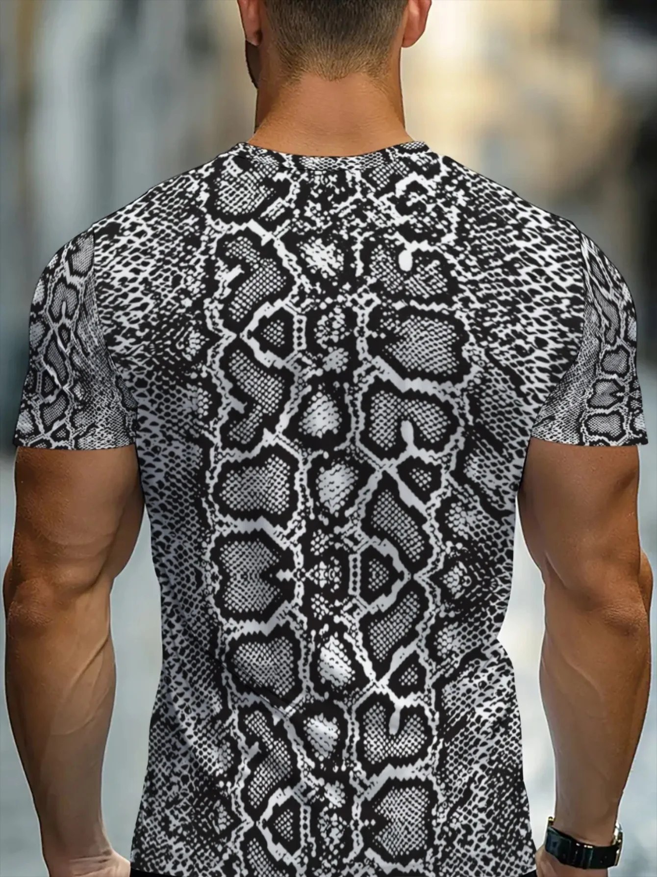 Herren 3D-Druck T-Shirt Schwarz-Weiß Schlangenhaut-Print O-Ausschnitt Kurzarm Atmungsaktives Sommer-Streetwear-Shirt – Detail 3