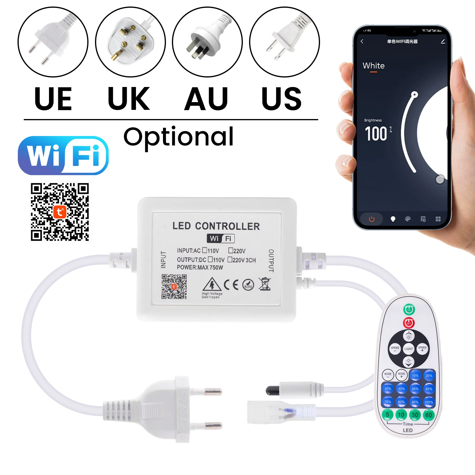 

Tuya Wifi App Control Single Color Controller AC 110V 220V EU/UK/US/AU Set Use For COB LED Strip