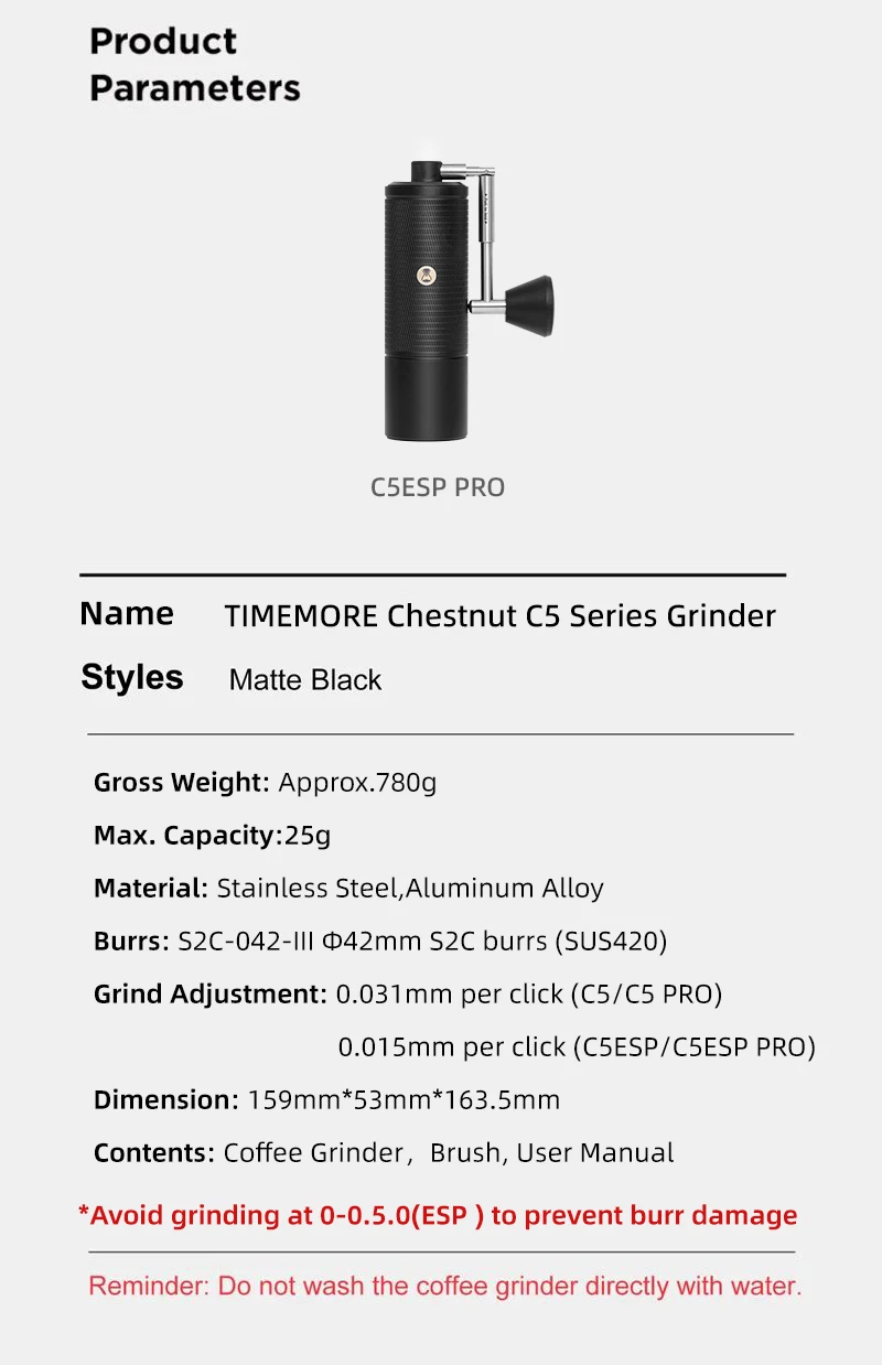 TIMEMORE Chestnut C5ESP PRO Portable Manual Coffee Grinder Foldab Handle Design S2C 42mm Burr Inside Higher Grinding Efficiency
