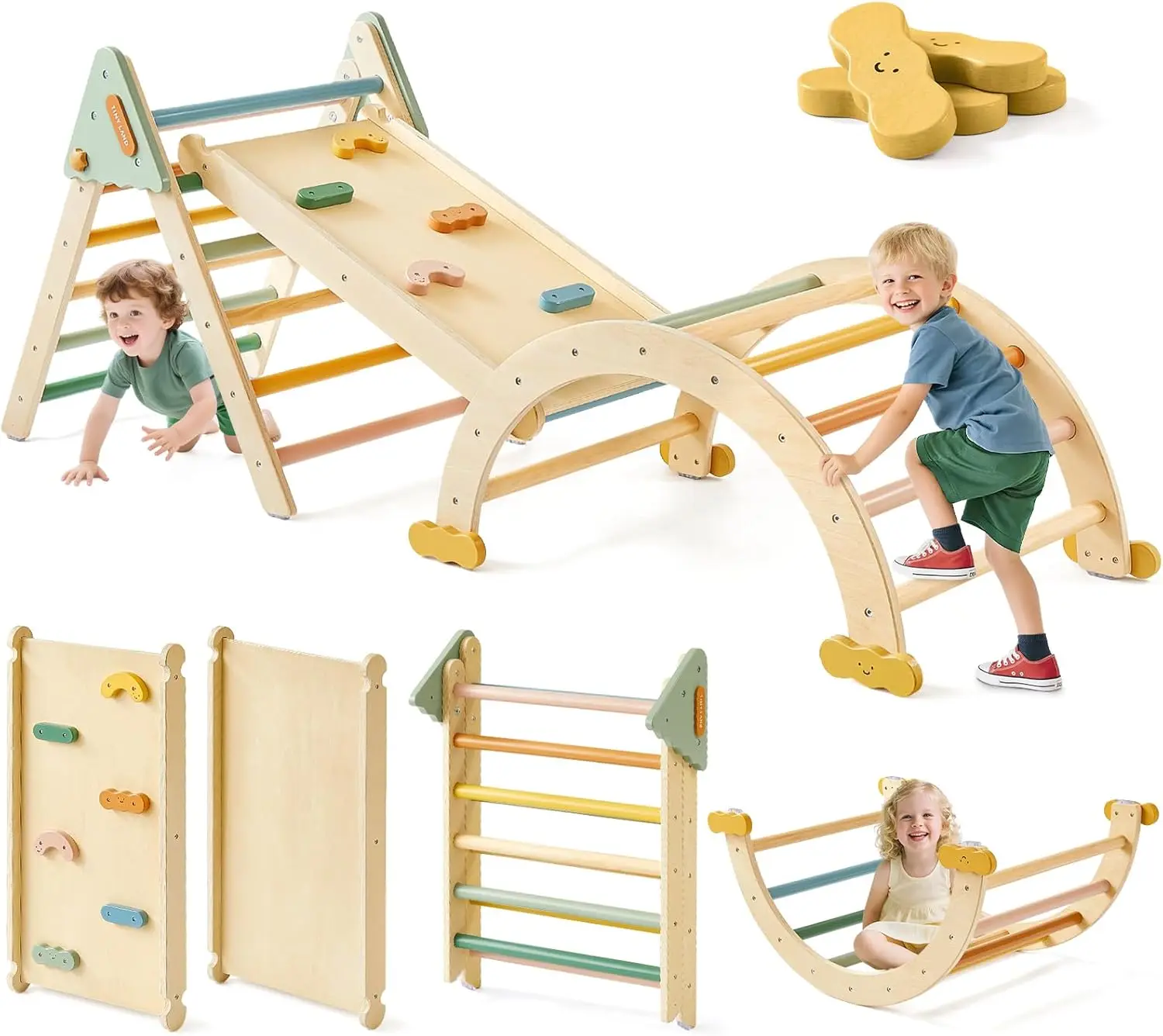 Zestaw Trójkątów Pikler, Składany Montessori 7w1 Zabawki do Wspinaczki dla Niemowląt do Użytku Wewnętrznego, Drewniana Placówka Zabaw Jungle Gym dla Dzieci, Prezent dla Wspinacza