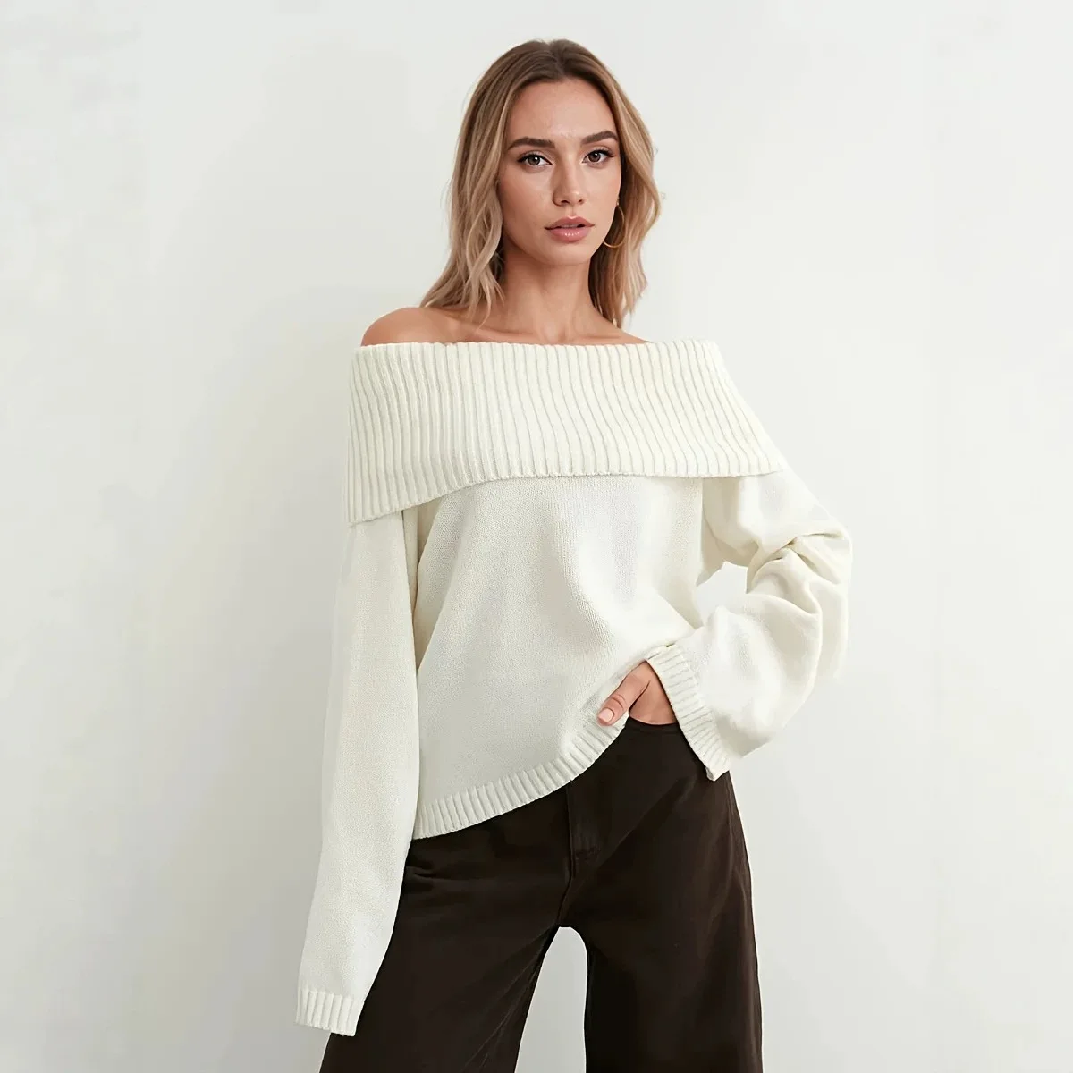 Women Elegant Off Shoulder Sweater Long Sleeve Fold Over Neck Ribbed Knit Pullover Casual Loose Knit Top European Style Sweaters