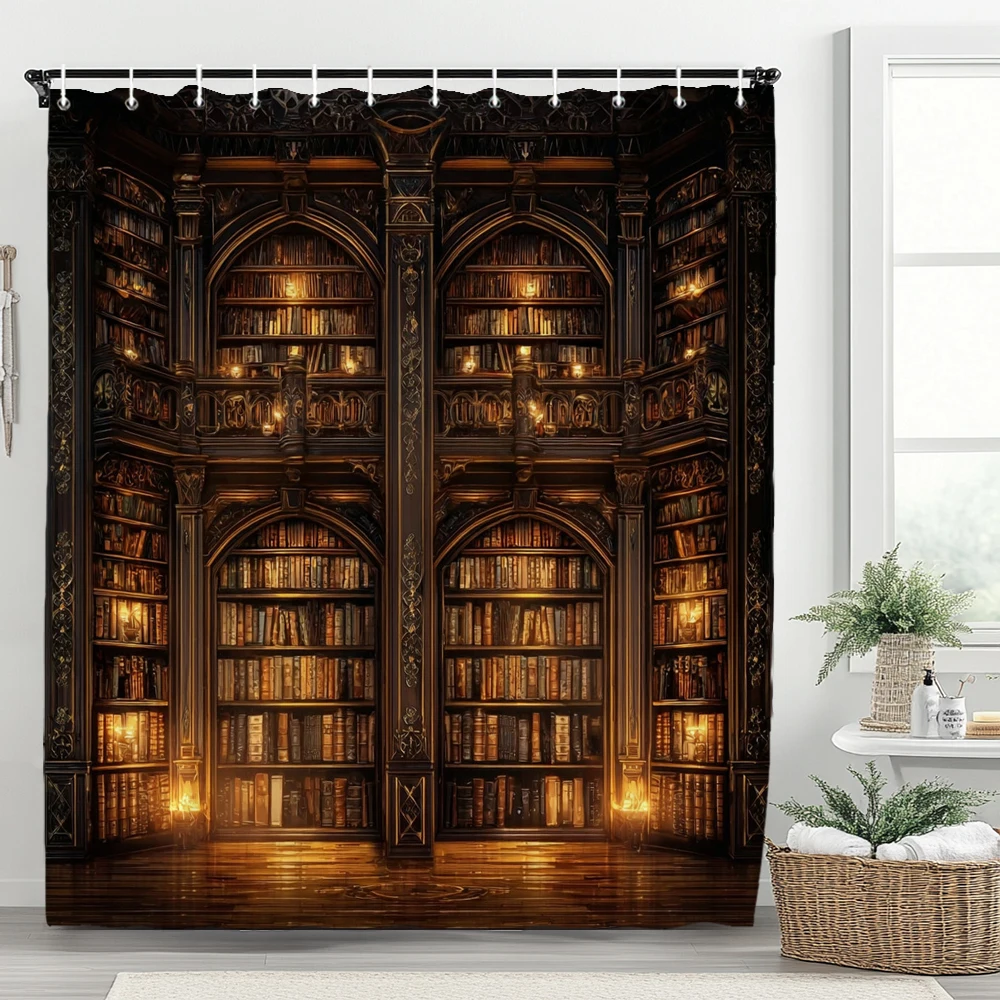 1pc Vintage Library Shower Curtain Old Book Bookshelf Candles Home Polyester Fabric Bathroom Decorative Home Curtain With Hooks
