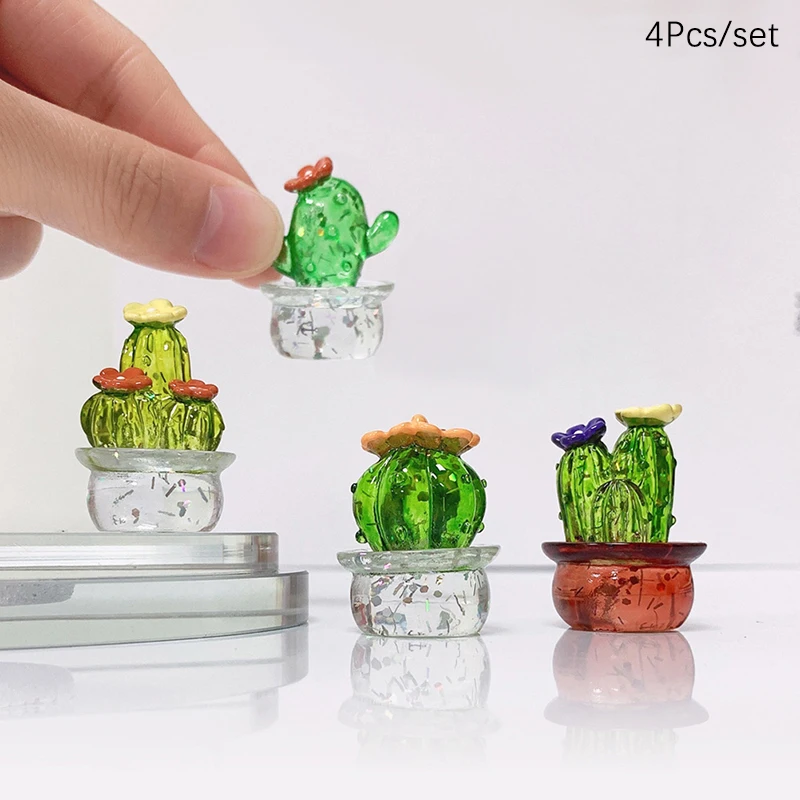 4Pcs 1:12 Dollhouse Miniature Cactus Succulent Potted Plant Bonsai Model Home Decor Toy Micro Landscape Desktop Car Ornament