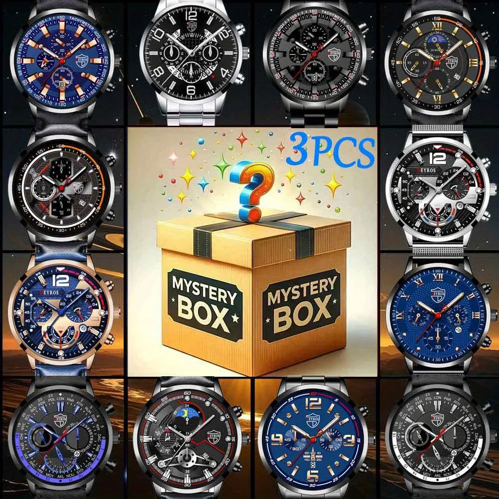 

Mystery Box Random 3 Pieces Surprise Box Men's Fashion Round Watch Male Quartz Watch Suitable for Daily Casual Wear Ideal Gift