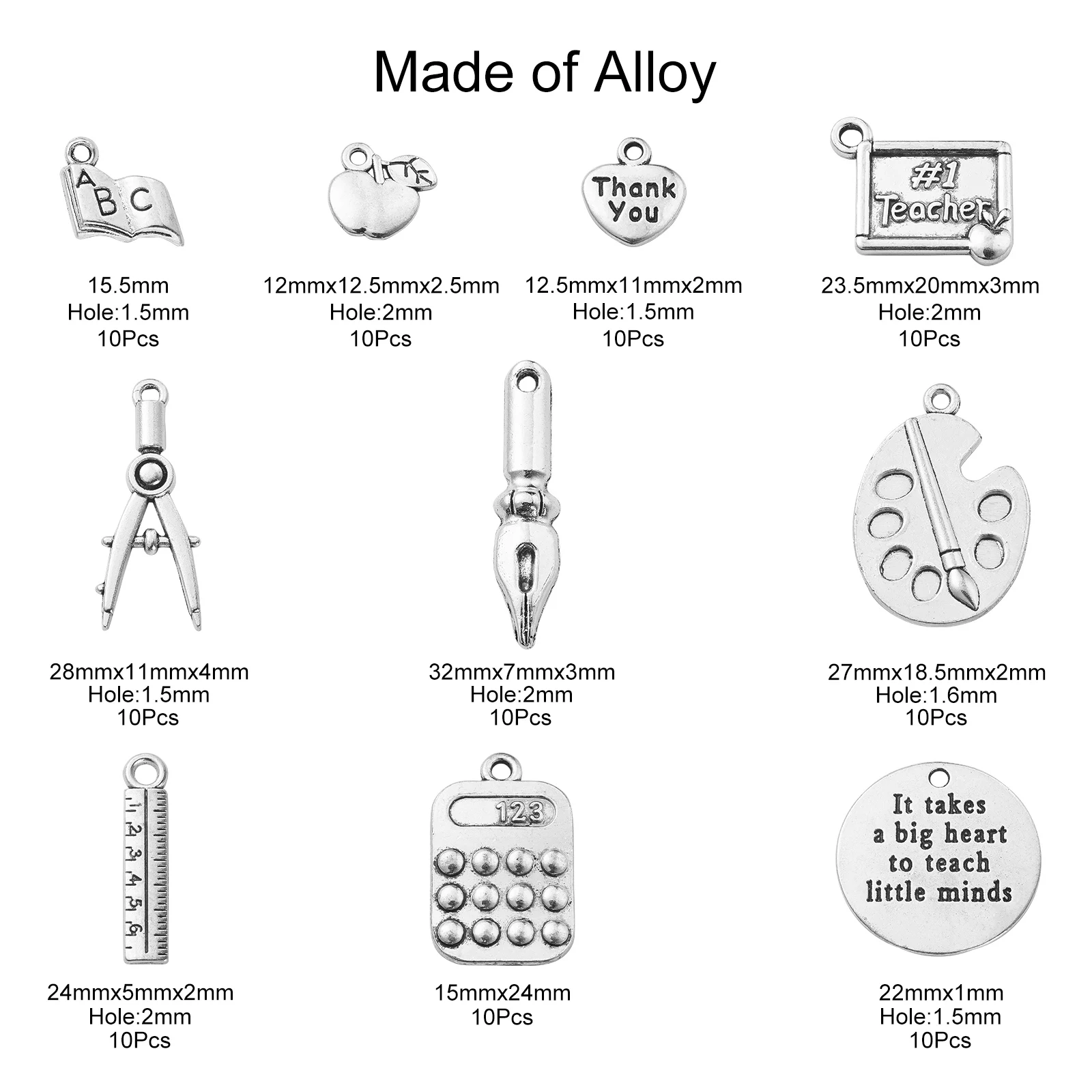 100Pcs 10 Styles Antique Silver School Teacher Charms Ruler Pen Book Palette Charms for Teacher's Day Jewelry Making DIY