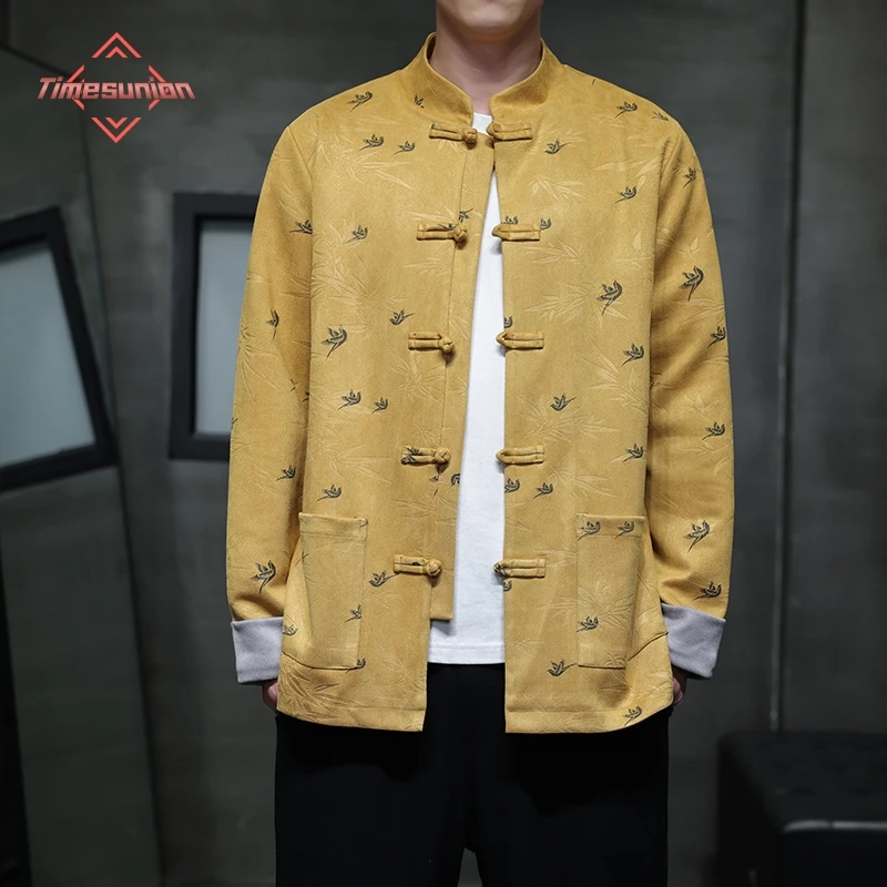 Plus Size Suede Jackets Mens Loose Casual Jacket Men Bamboo Printed Jackets Coats Disc Buckle Autumn Winter Men Clothing 5XL