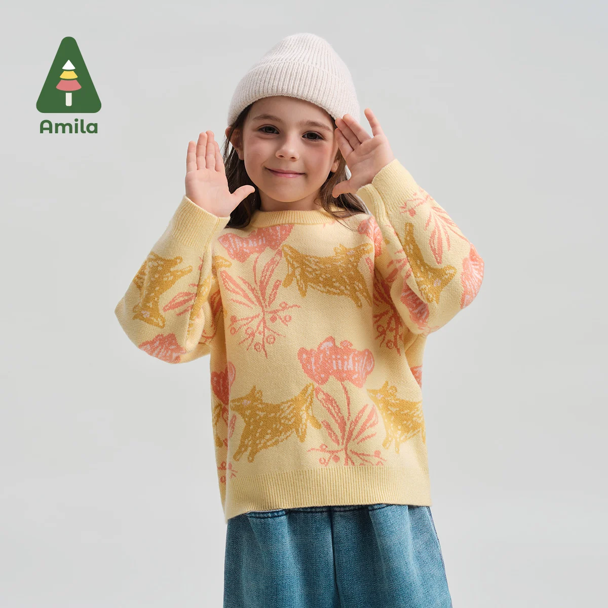 Amila Baby Sweater 2024 Winter New High Quality Girls Flower Pattern Round Neck Warm Soft Loose Comfortable Children’s Tops