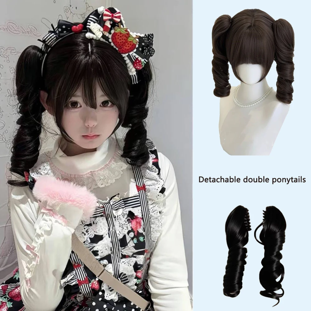 شعر صناعي مجعد روماني، ذيل حصان قابل للفصل، حلو ولطيف، مناسب للنساء، شعر مستعار لوليتا اليومي للعب الأدوار