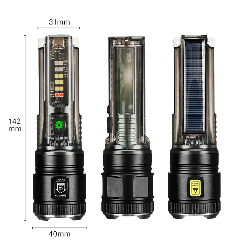 COBA Solar Rechargeable Flashlight Zoomable Super Bright White Laser Beads Lamp Multifunction Camping Telescopic Focusing Torch