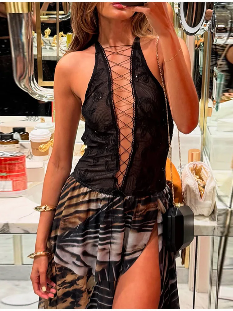 

Sexy Printed Deep V Neck Maxi Dress Lace Up Hollow Out Backless Halter Robes Side Hem Fork Vestidos 2025 Vacation Beach Dresses