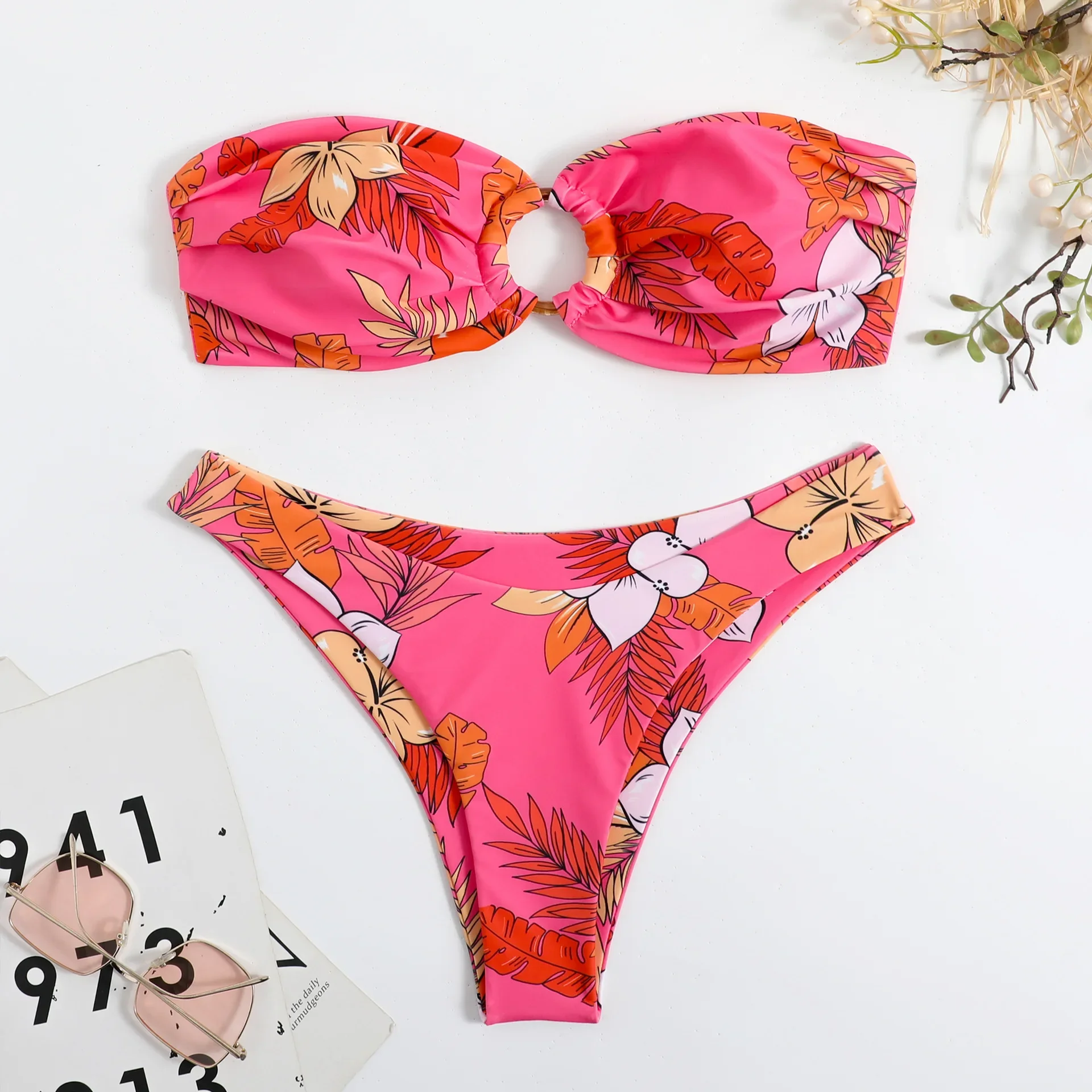 

Women Floral Print Bandeau Ring Bikini Sets Two Pieces Thong Swimsuit Swimwear Bathing Suit Beach Outfits Biquini