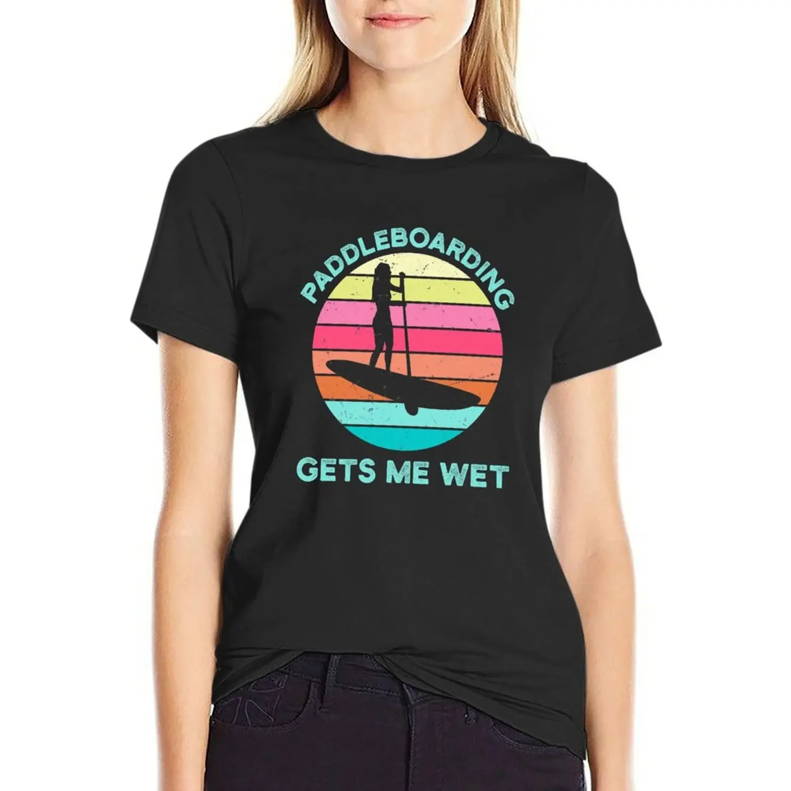 

Paddleboarding Gets Me Wet Paddleboard Paddleboarder SUP Water Sports Beach Ocean Waves Retro Vintage Sunset Funny Pun T-Shirt