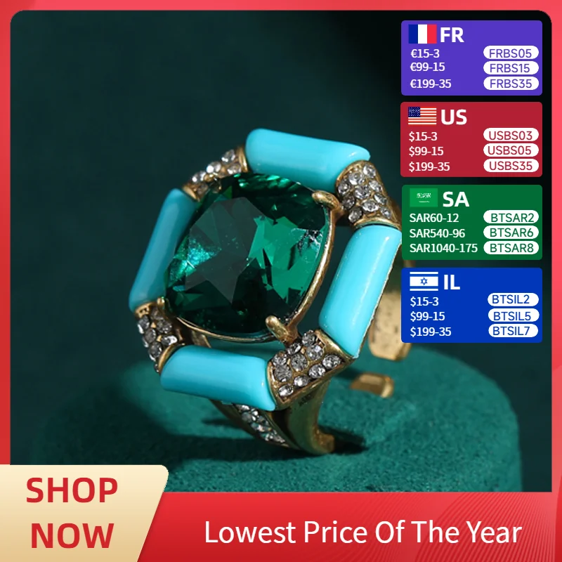 

Antique Jewelry Emerald Green Crystal Vintage Rings Sea Blue Enamel Square Natural Stone Designer for Women Accessories 2025 New