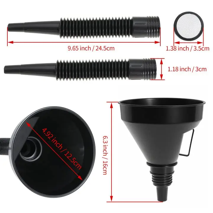 Wide Mouth Oil Funnel with Flexible Hose & Mesh Filter – Spill-Proof for Engine Oil, Fuel, Coolant & Fluids