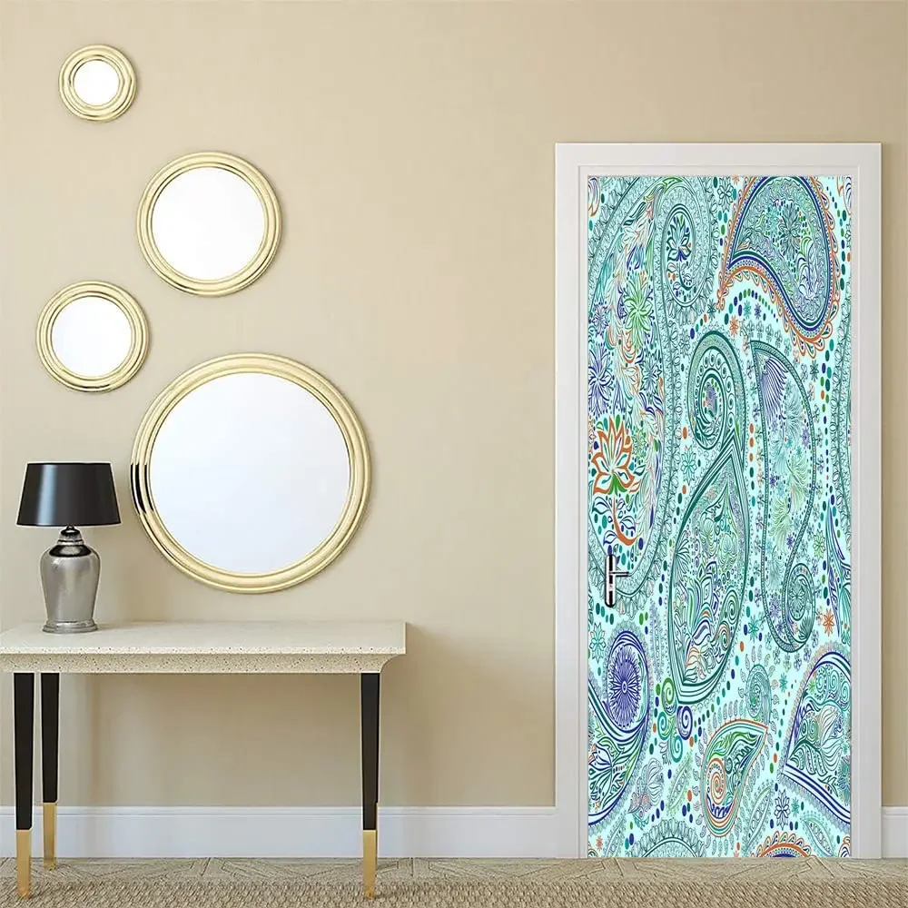 Bohemian Flower Door Sticker Retro Ethnic Style Decal Removable Boho Tribe Floral Door Mural Poster Wallpaper Home Bedroom Decor