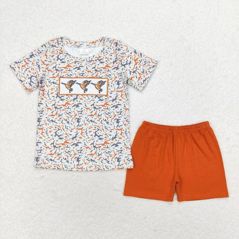 

New rts infant boys summer suits wholesale boutique embroidered duck brown pattern shorts boys clothing