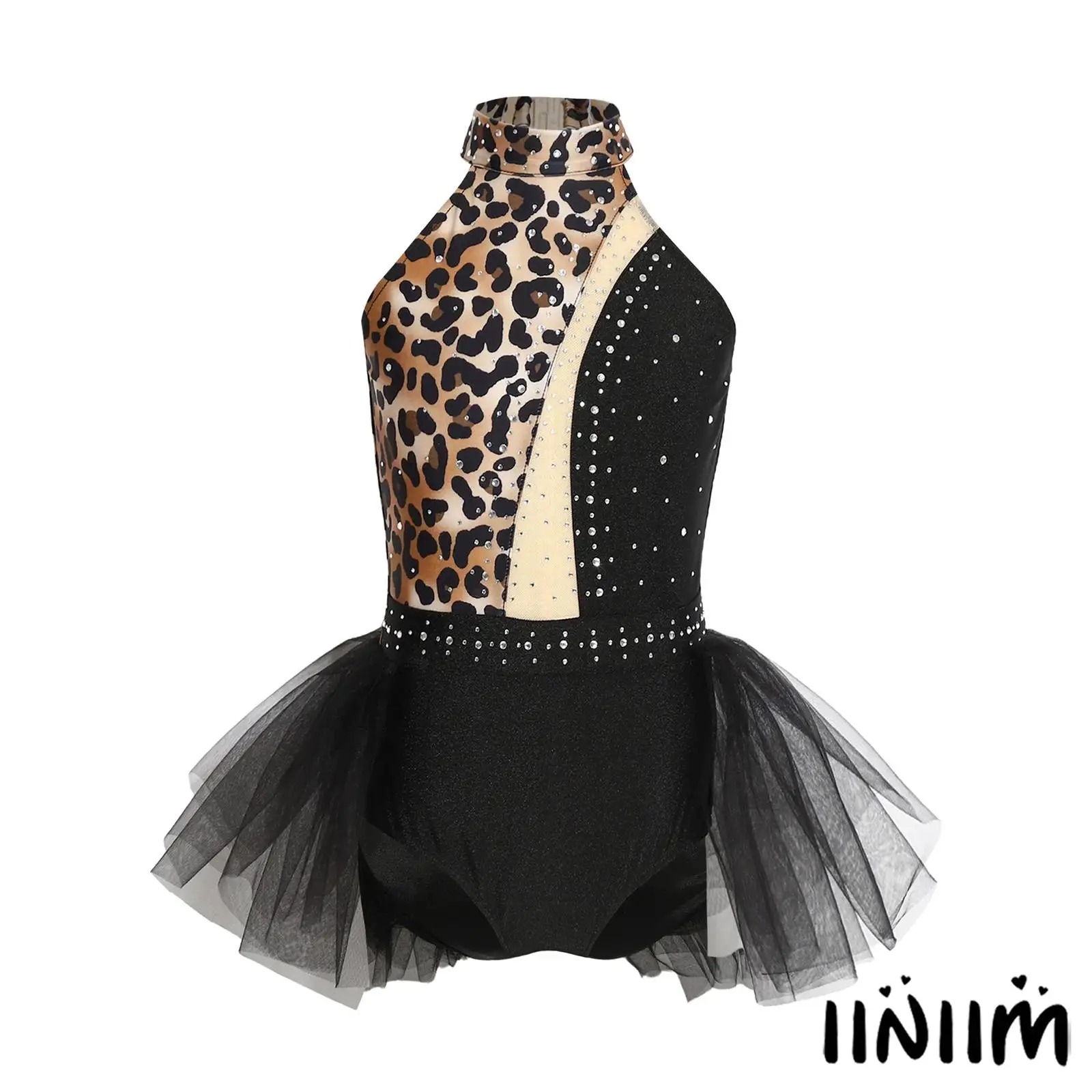 

Kids Girls Caveman Costume Leopard Print Jumpsuit Sleeveless Shiny Rhinestones Ballet Dance Leotard Girls Cave Themed Outfits