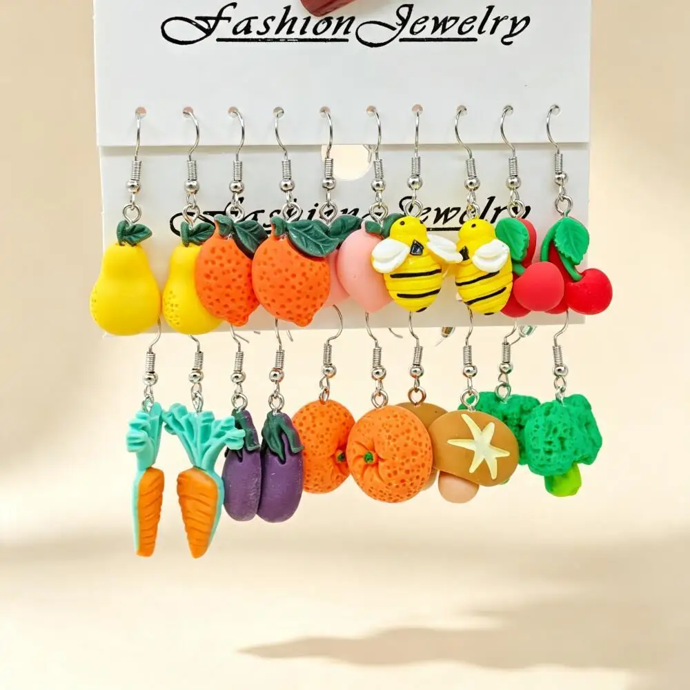 5/10/20Pairs Cartoon Bee Fruit Vegetable Resin Earring Set, Cute Pastoral Style Fruit Shape Dangle Earrings, for Party Wear