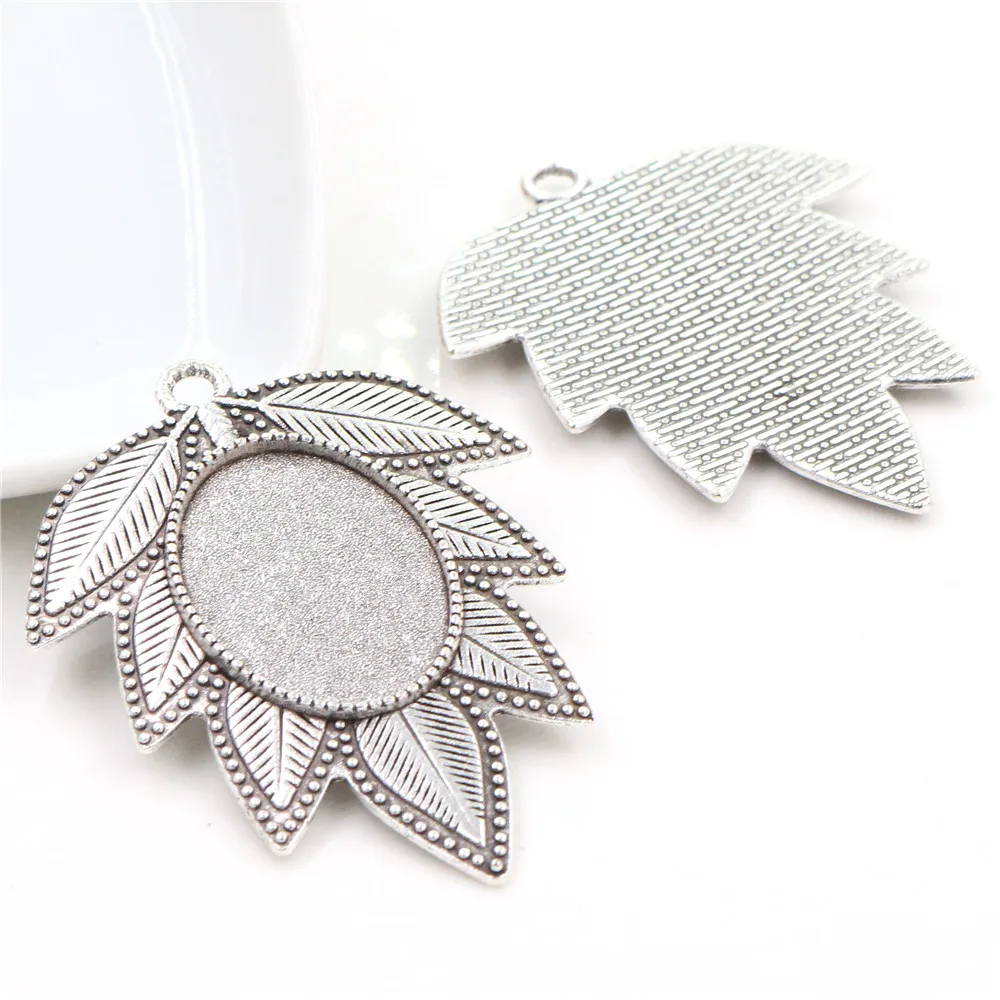 5pcs 18x25mm Inner Size Antique Silver Plated Black Bronze Leaf Style Cameo Cabochon Base Setting Pendant necklace findings