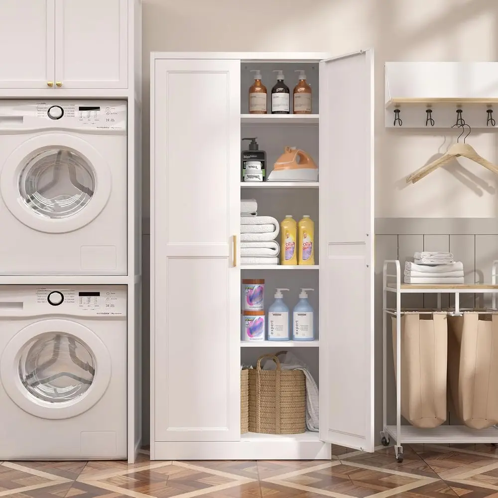71 White Metal Storage Cabinet with 4 Adjustable Shelves, 2 Gold Handles, for Kitchen, Pantry, Living Room, or Bathroom