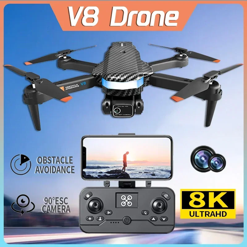 2024 New V8 Drone Professional 8K HD Camera Mini4 Dron Optical Flow Localization Three sided Obstacle Avoidance Quadcopter Toys