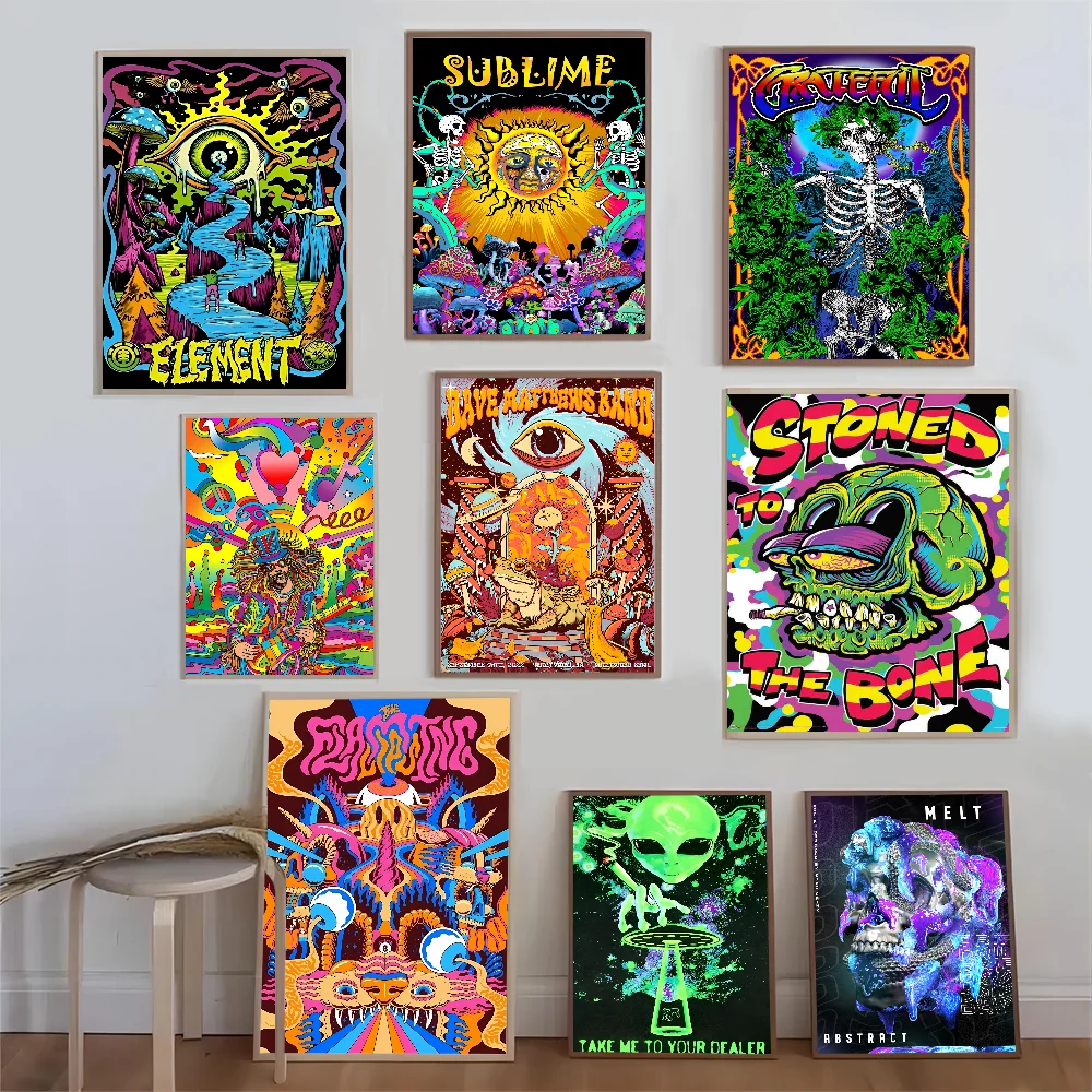 Trippy Skeleton Abstract Psychedelic Mushroom Movie Sticky Posters Whitepaper Sticker DIY Room Bar Cafe Posters Wall Stickers