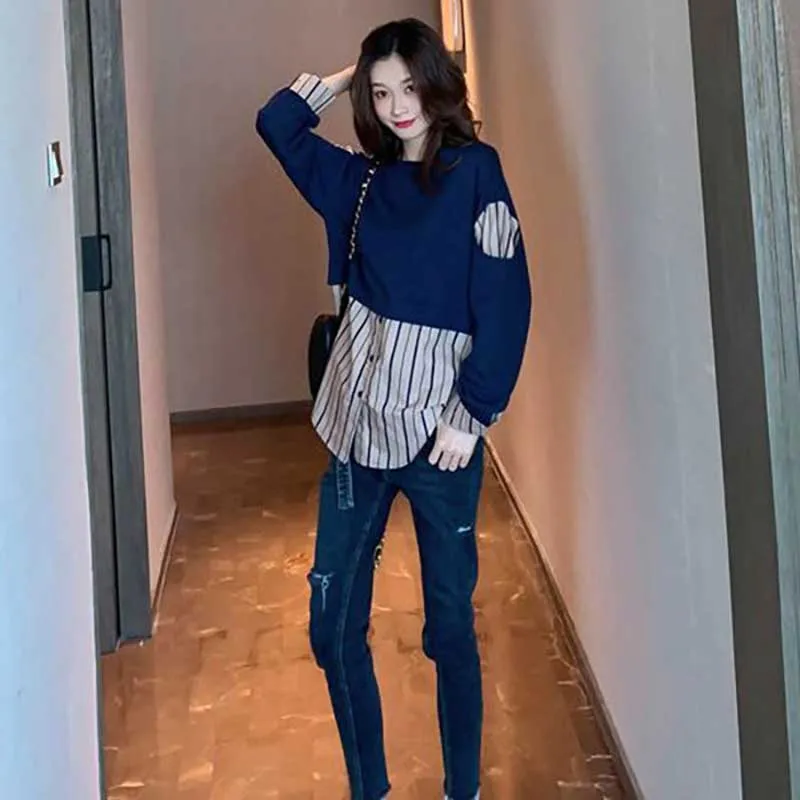 Fashion O-Neck Spliced Striped Fake Two Pieces Blouses Women\'s Clothing 2024 Spring New Loose Casual Tops Asymmetrical Shirts