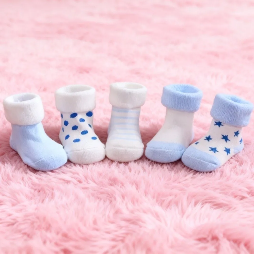 5 Pairs Cotton Baby Short Socks Pink Blue Breathable Newborn Socks Non-Skid Design Polka Dot Stars Winter Socks