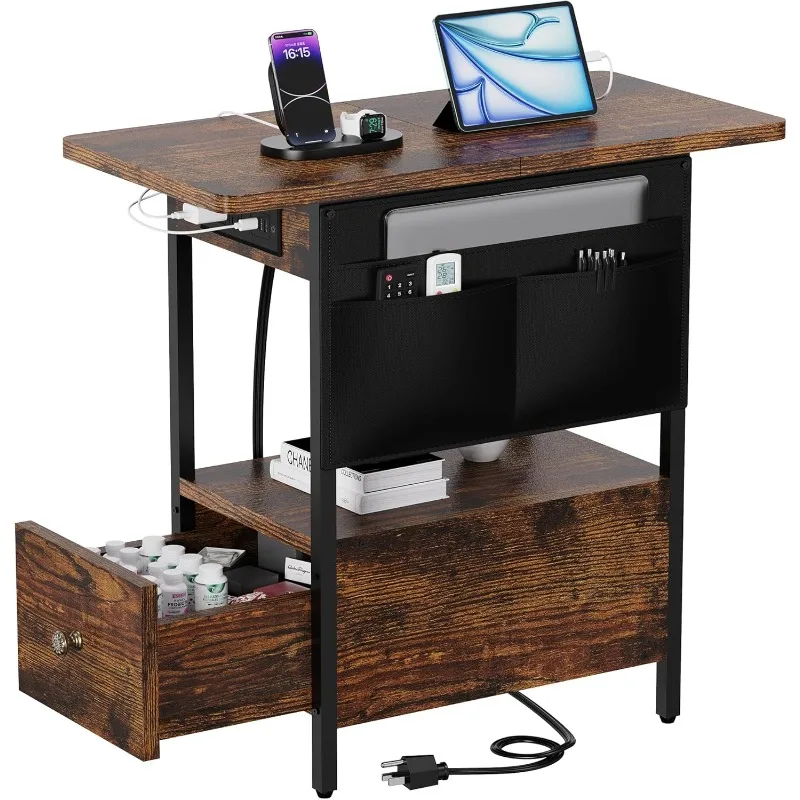 

Small Side Table with Charging Station, Narrow Nightstand Bedside Tables with Storage Pocket for Living Room Bedroom,