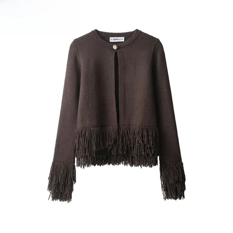 

Faionable Tassel Trim Трикотажные длинные свеки круглые Ne Верхняя одежда на пуговицах Повседневная одежда Regular Fit Medium Softn Полиэстер...