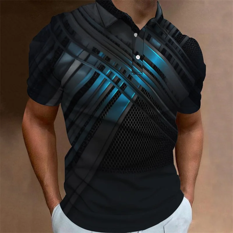 3D Printed Technology Mecha Polo Shirt For Men Cool Stripes Pattern T-Shirt Summer Casual Loose Tees Short Sleeves Lapel Tops