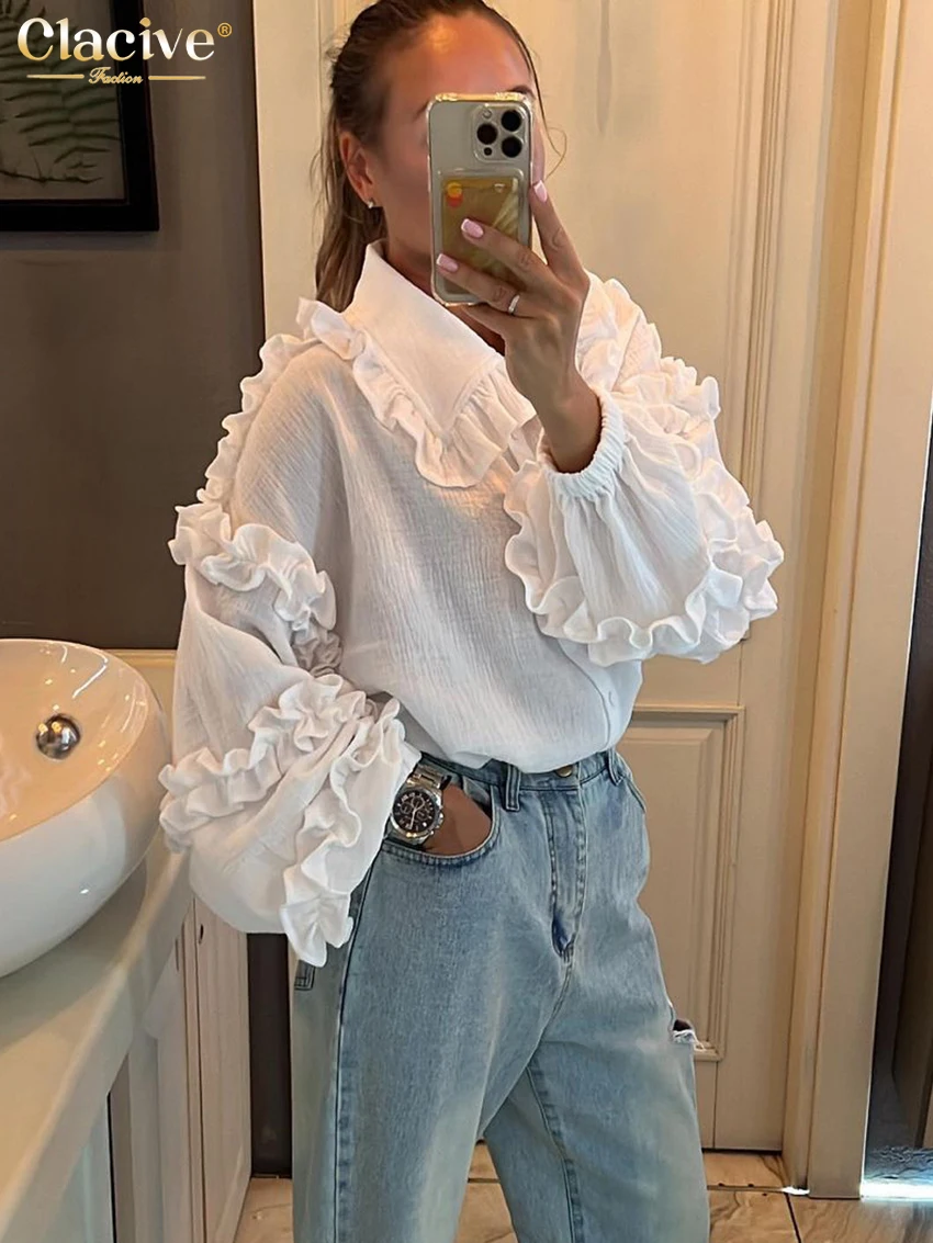 Clacive Fashion White Cotton Woman Blouse 2023 Elegant Lapel Long Sleeve Office Shirts Casual Chic Ruffle Solid Blusa Top Female