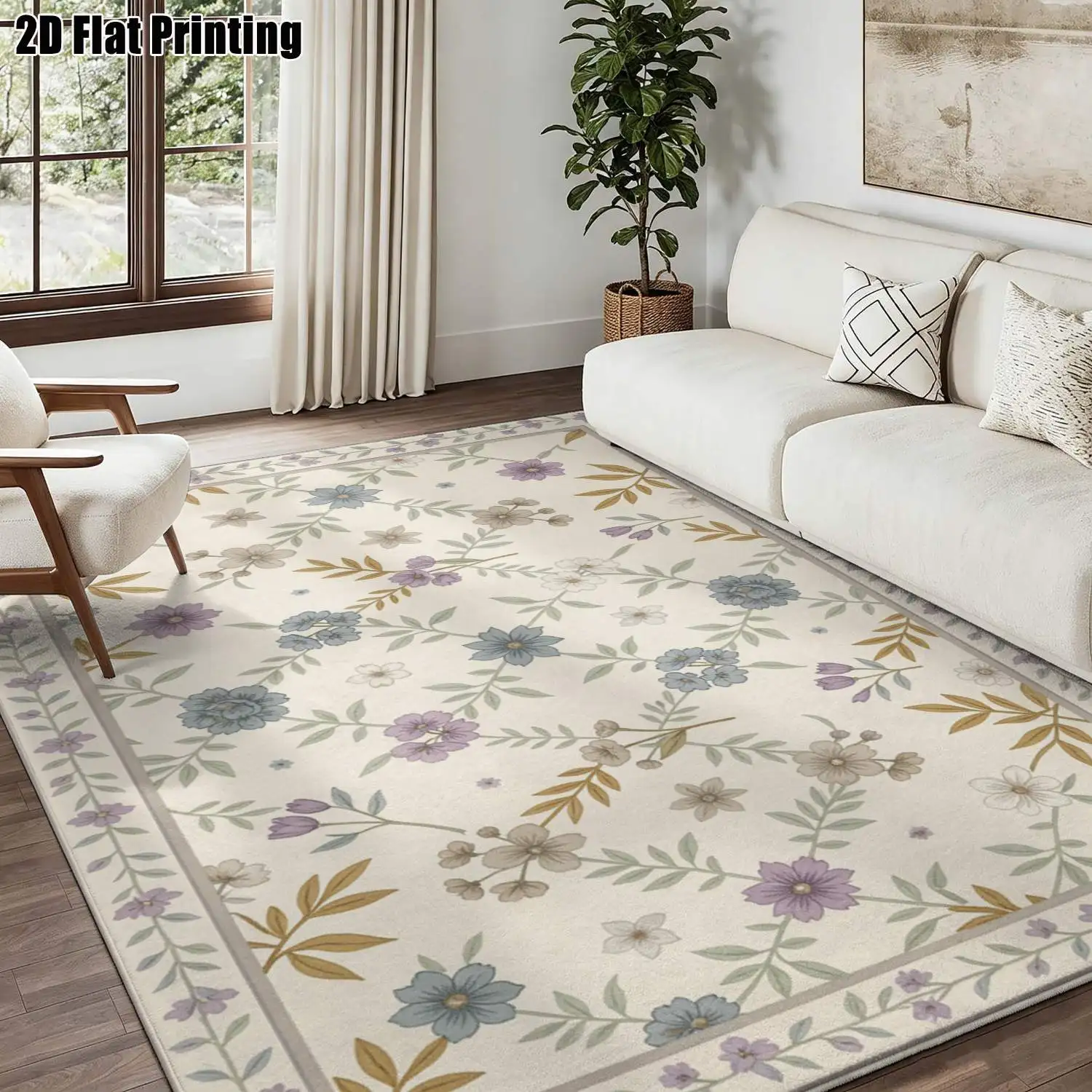 1Pc 2D Printed Beige Floral Leaf Nordic/Instagram-Inspired Minimalist Vintage Carpet, Multi-Size, Machine Washable, for Entrance, Dining, Foyer, Bedroom, Living Room Home Decor