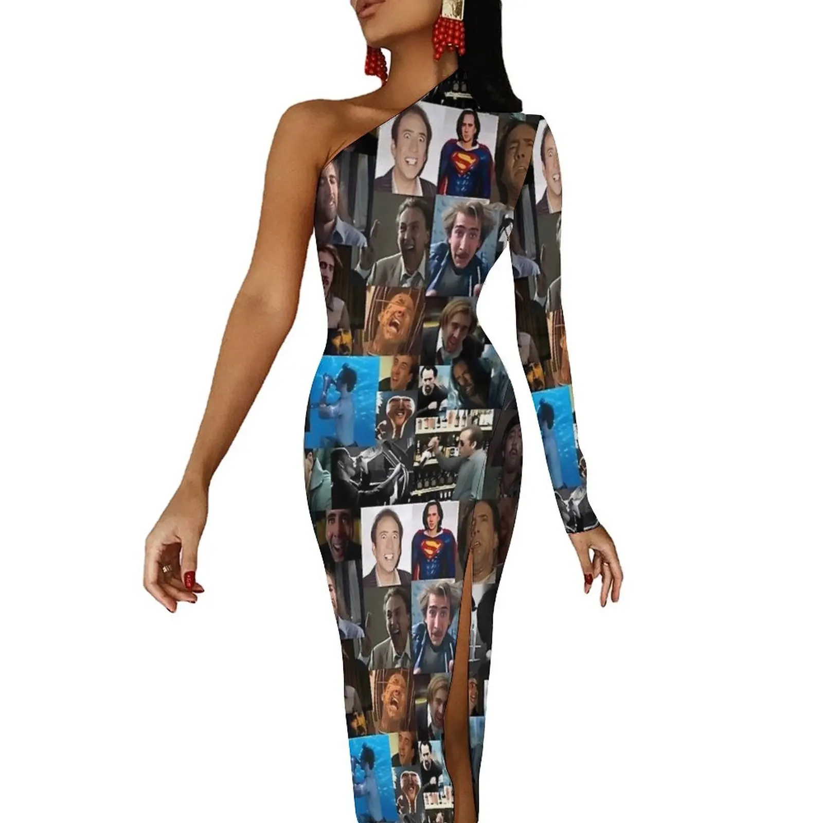 Nicholas Cage vestido largo mujer Nick Cage Street Wear Maxi vestido primavera Sexy ceñido al cuerpo Vestidos con abertura lateral Vestidos gráficos