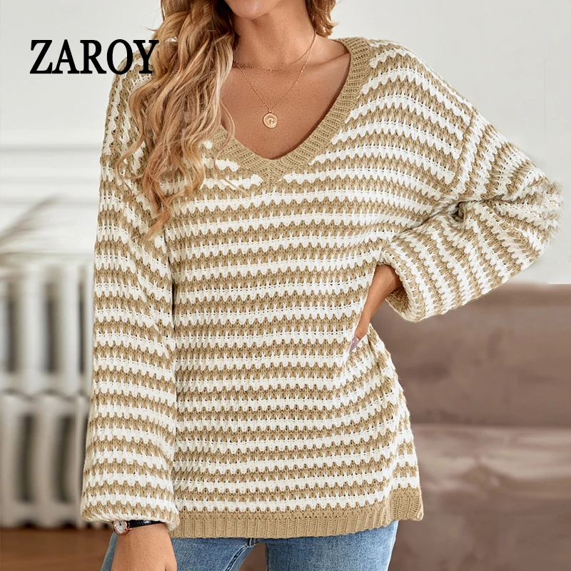 ZAROY кофта женская Stripe Loose Women Sweater Tops Spring Fall Long Sleeve V Neck Knit Pullover Casual Streetwear Outerwears