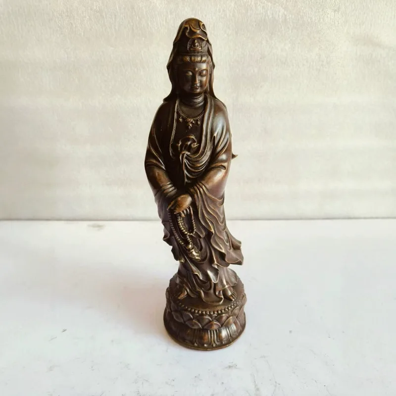 Bronze Guanyin Bodhisattva Ornament Antique Collection Vintage Lotus Buddhist Hall Home Living Room Decorative Craft