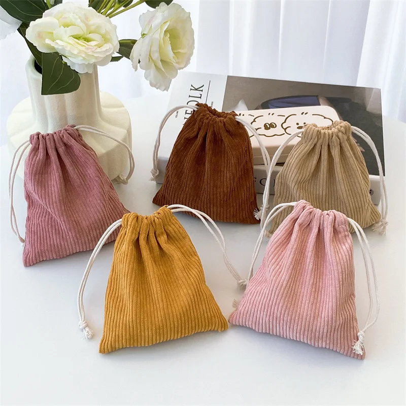 Corduroy Storage Bag Drawstring Strap Pocket Makeup Bag Women's Portable Portable Large Capacity Solid Color Zero Money Bag