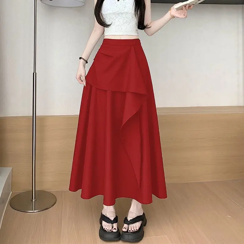 กระโปรงสีพื้นอเนกประสงค์ ฤดูใบไม้ผลิ ฤดูใบไม้ร่วง ฤดูร้อน รุ่นใหม่ เอวสูง กระชับสัดส่วน ยาว เรียบง่าย