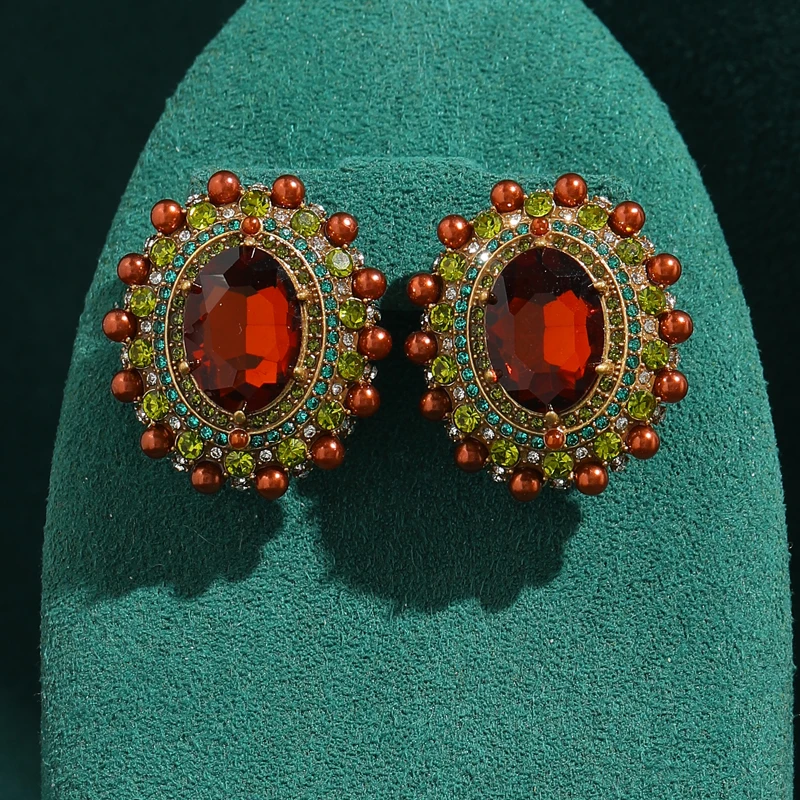 

Engagement Orange Vintage Oval Pearl Crystal Stud Earrings Quality Luxury Gold Plated Colorful Rhinestone Evening Dress Jewelry