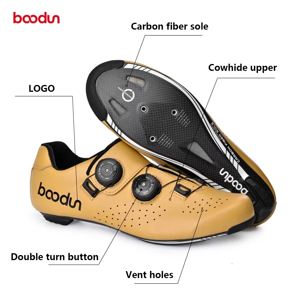 BOODUN new Men Women Genuine Leather Road Cycling Shoes Road Bike Carbon Sole Ultralight Breathable Yellow Bicycle Racing Shoes