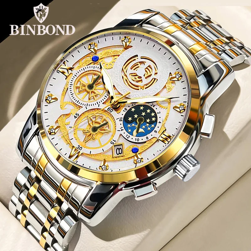 BINBOND B4010 Fashion Casual Quartz Men Watch Luxury Stainless Steel Strap Dial 30M Waterproof Luminous Business Men Wristwatch