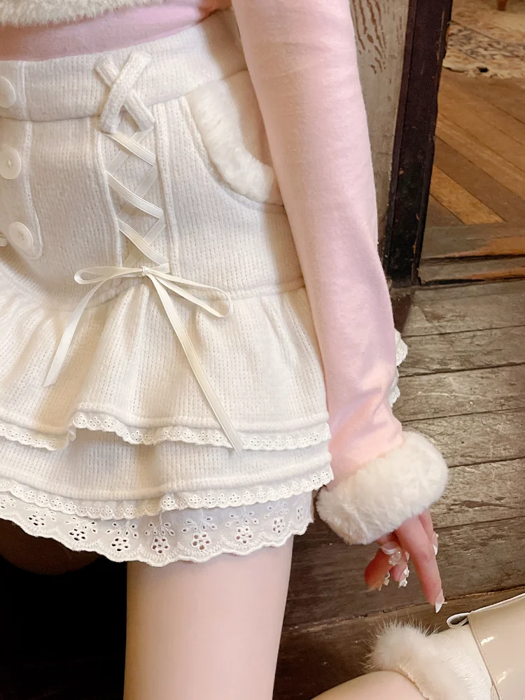 Japanese Kawaii Lolita Mini Skirt Women Winter Lace Casual Elegant Sweet Female Skirt High Waist Bandage Korean Skirt 2024 New