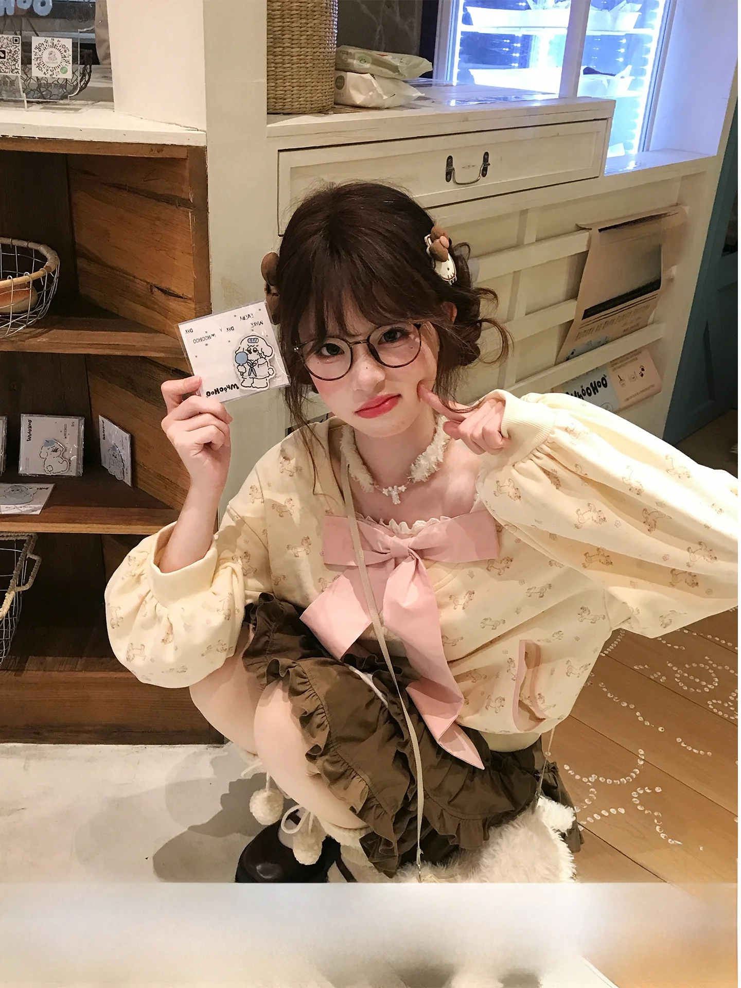 

Pudding Limited Edition Knot Printed Sweatirt Coffee Color Pony Skirt Set Spring Faion Women's Outfit