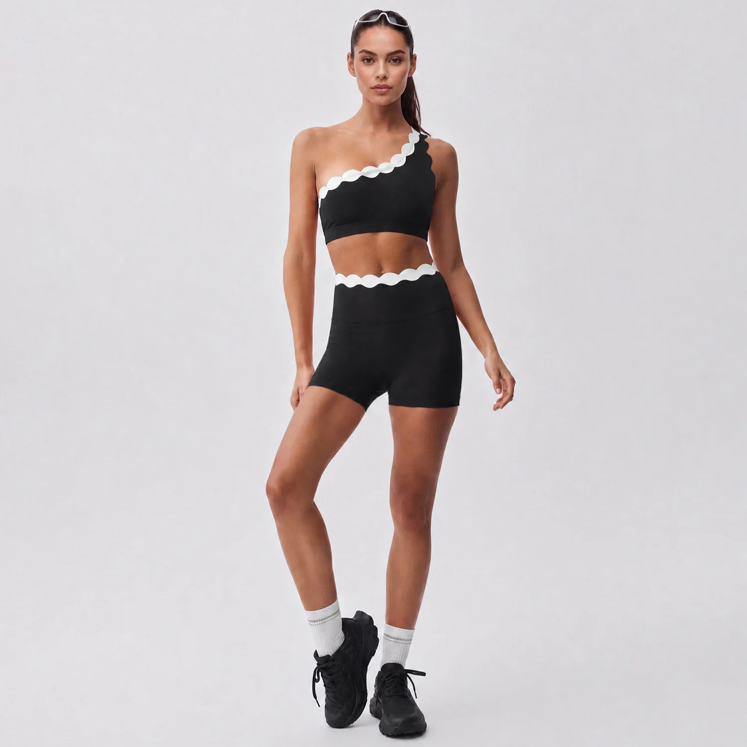 Women's 2 Piece Yoga Set One Shoulder Sports Bra Scalloped Trim High Waist Tummy Control Biker Shorts Gym Workout