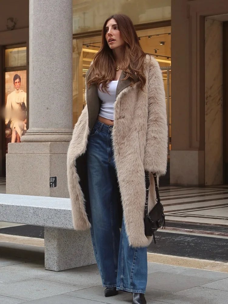 Damski płaszcz dwustronny z efektem sztucznego futra, długi rękaw, kieszenie, klapy, zapinany na jeden guzik, ciepła odzież wierzchnia damska, styl casual.