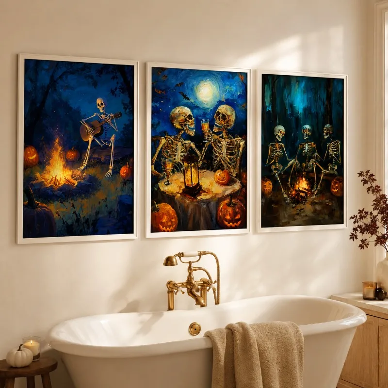 Spooky Skeleton Campfire Party Canvas Wall Art, Style Blue Dark Halloween Pumpkin Prints for Living Room Home Decor