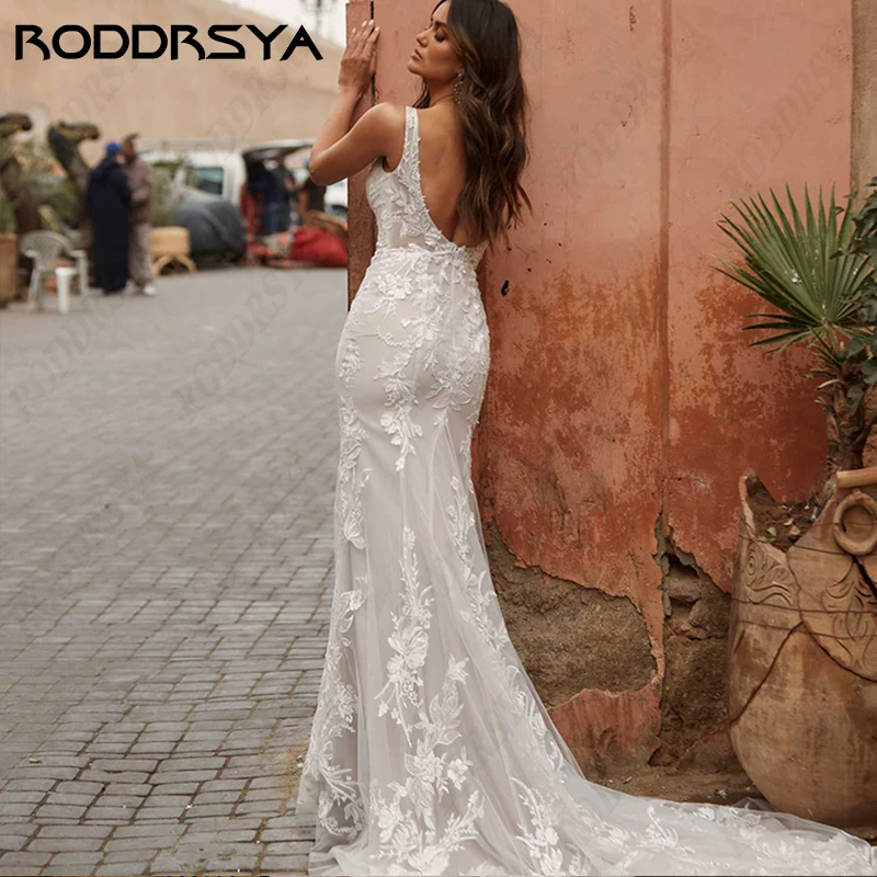 RODDRSYA Sexy V-Neck Mermaid Wedding Dress For Women Romantic Tulle Vestido De Noiva Sereia Sleeveless Backless Bridal Party