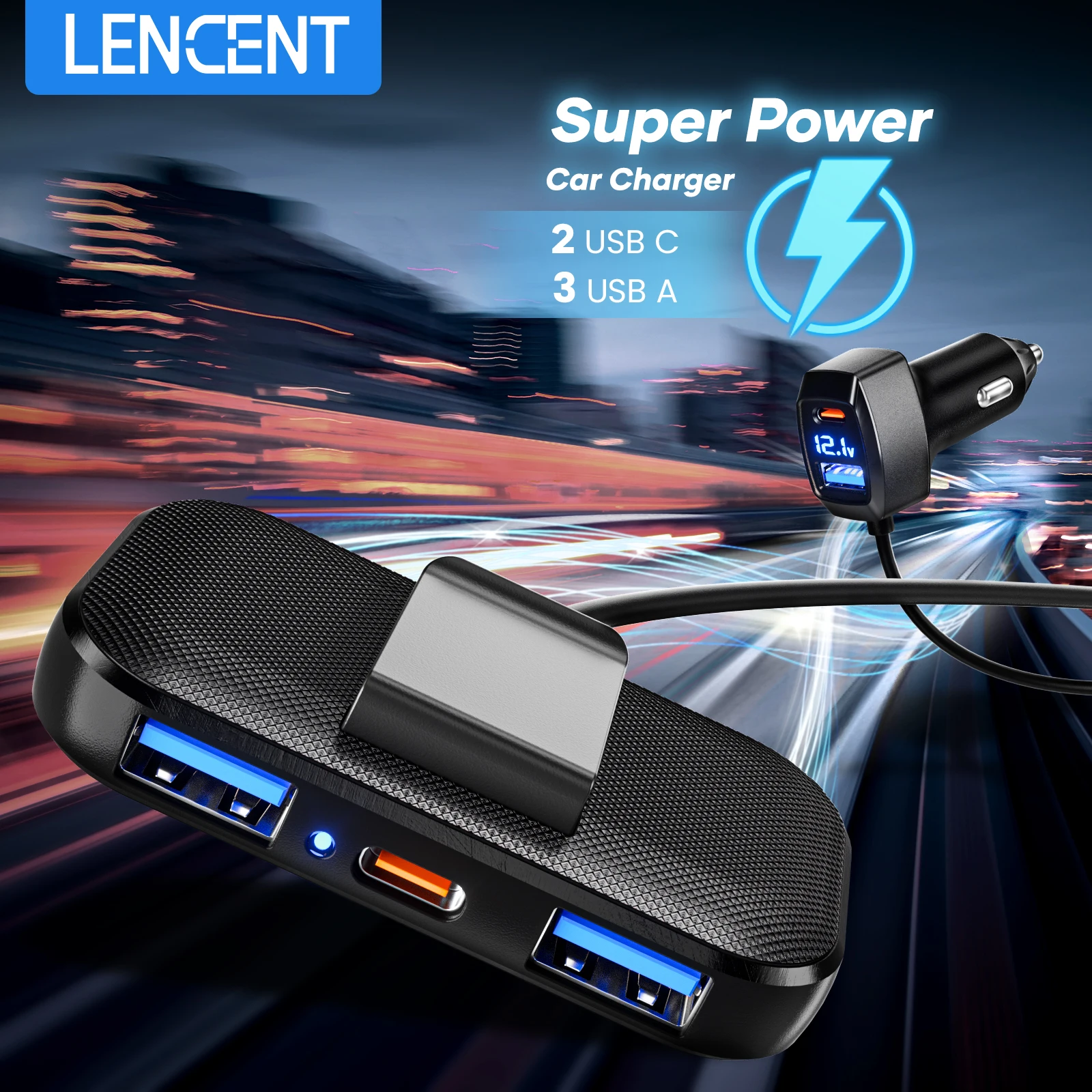 LENCENT 5 Multi Ports Type C Car Charger with 5FT Cable 3 USB A and 2 Type C Charger Adapter Compatible with Samsung iPhone iPad