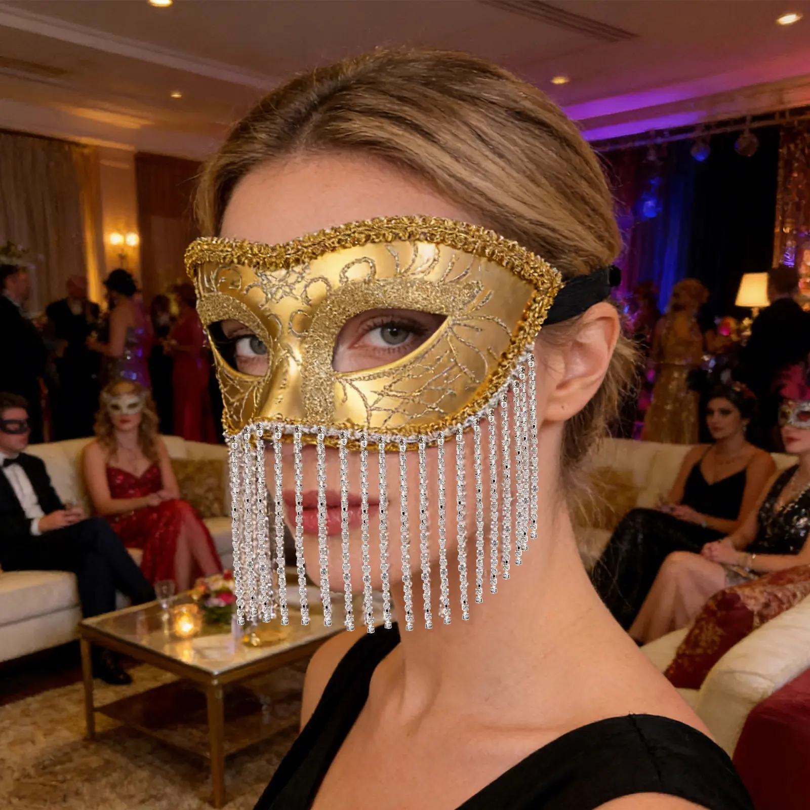 

Женская маскарадная маска для лица, аксессуар для вечеринок, карнавала, бара, маскарада, Марди Гра, с кисточками из страз, элегантная